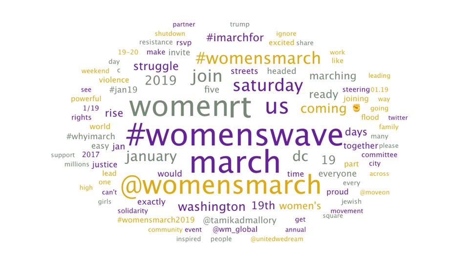 Figure 1. Word Cloud generated by Orange showing quantitative data of phrases that co-occurred with #womenswave from Jan. 17, 2019, to Jan. 24, 2019