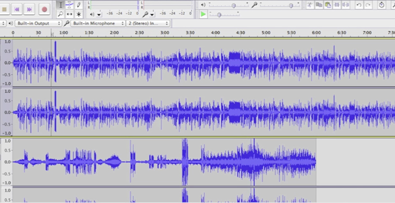 a screencapture of the Audacity interface showing the different soundwave patterns between the two student examples