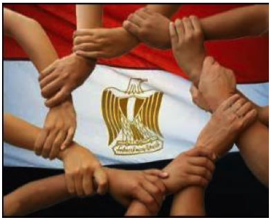 This image shows a circle of hands linked together like a chain on top of the Egyptian Flag.