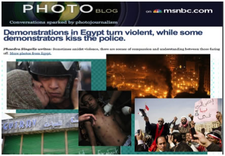 This image shows a collage of images from MSNBC's live blog covering the Egyptian protests..