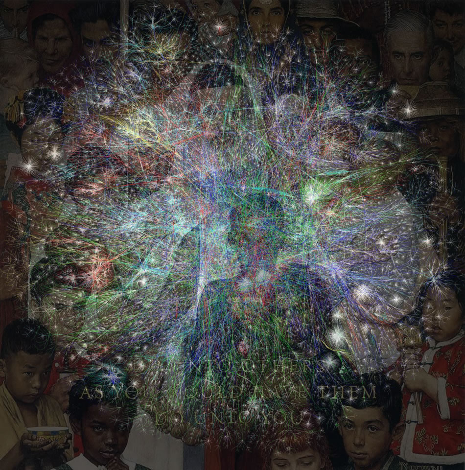 This image implies the interconnectedness of the internet by overlaying an image from the Opte Project over Norman Rockwell's "The Golden Rule."