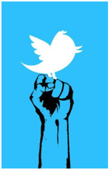 This image shows the emblem for Twitter placed upon a fist. 