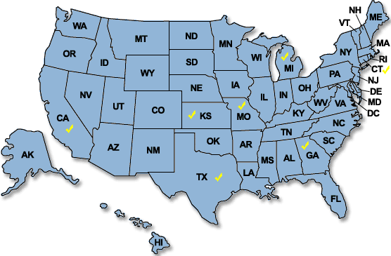 Map with CA, KS, TX, MO, GA, MI, CT checked