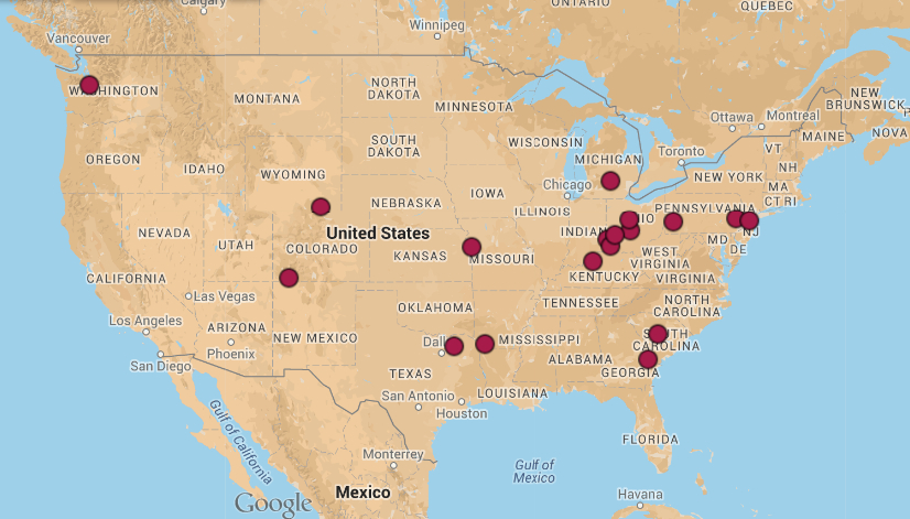 map of 2008 DMAC attendance by location of home institution (lower 48 United States)