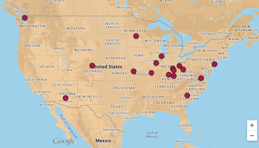 map of 2010 DMAC attendance by location of home institution (lower 48 United States)