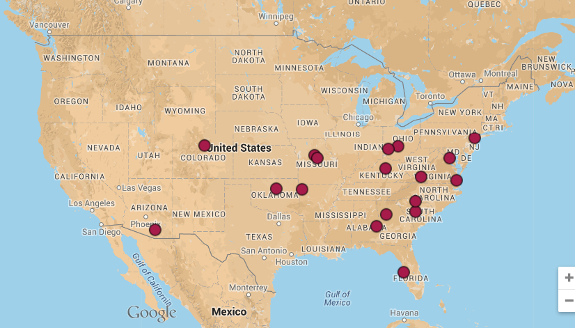 map of 2011 DMAC attendance by location of home institution (lower 48 United States)