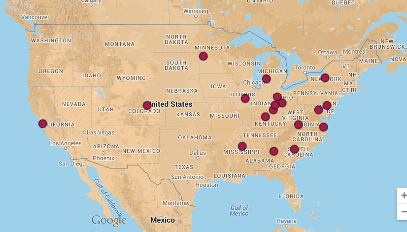 map of 2012 DMAC attendance by location of home institution (lower 48 United States)