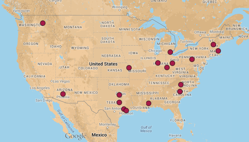 map of 2013 DMAC attendance by location of home institution (lower 48 United States)