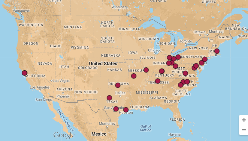 map of 2014 DMAC attendance by location of home institution (lower 48 United States)