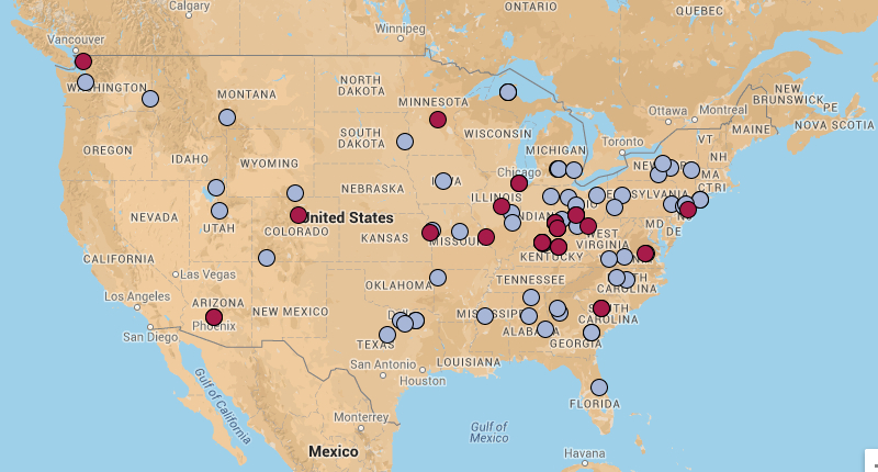 map of 2010 cumulative DMAC attendance by location of home institution (lower 48 United States)