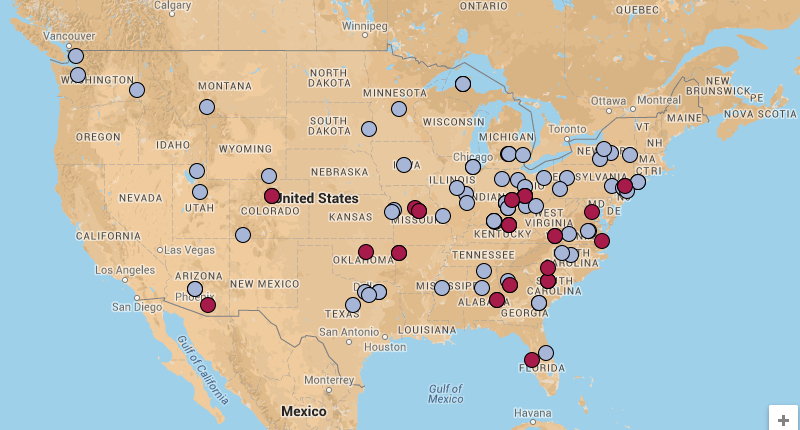 map of 2011 cumulative DMAC attendance by location of home institution (lower 48 United States)