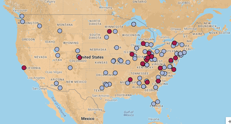 map of 2012 cumulative DMAC attendance by location of home institution (lower 48 United States)