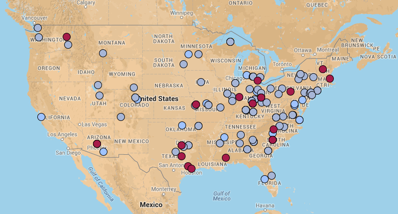 map of 2013 cumulative DMAC attendance by location of home institution (lower 48 United States)