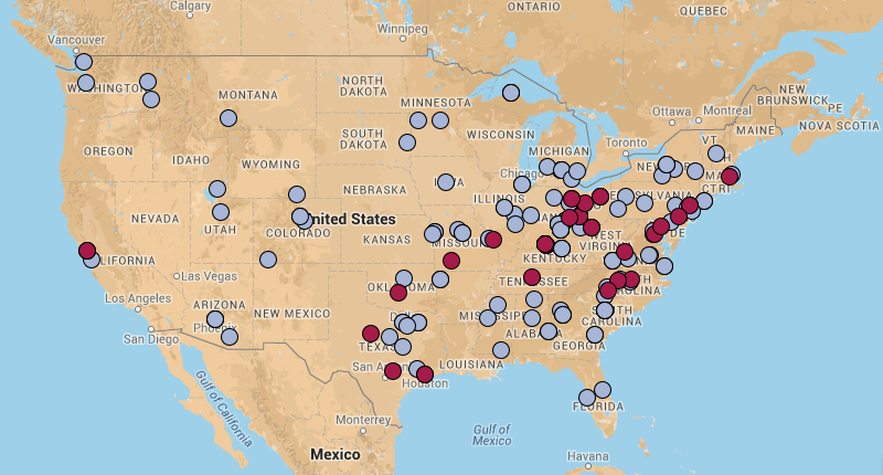 map of 2014 cumulative DMAC attendance by location of home institution (lower 48 United States)