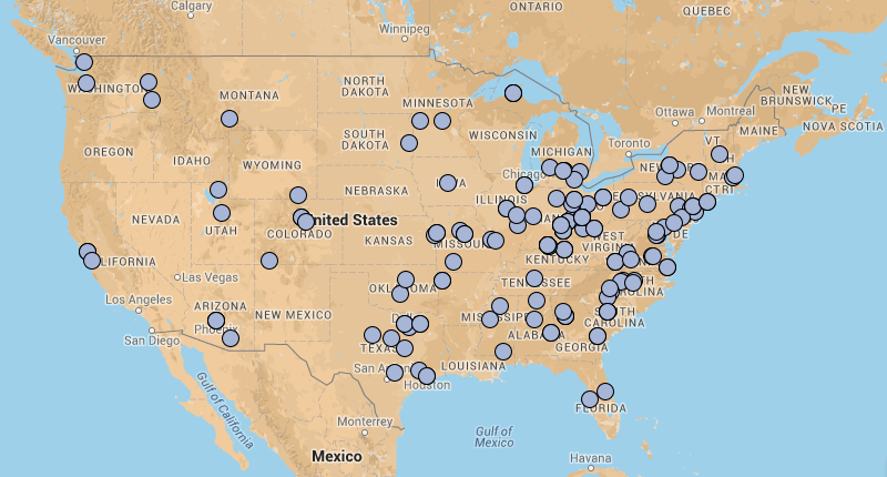 map of 2006-2014 cumulative DMAC attendance by location of home institution (lower 48 United States)