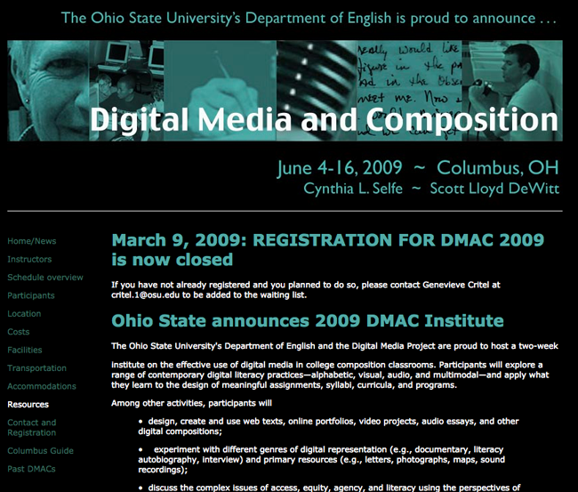 page 1 of the 2009 DMAC site, which describes the workshop and says it is closed