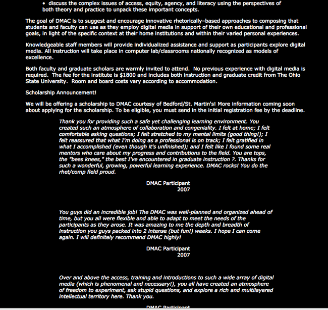 page 2 of the 2009 DMAC site, which describes the workshop and provides testamonials from former participants