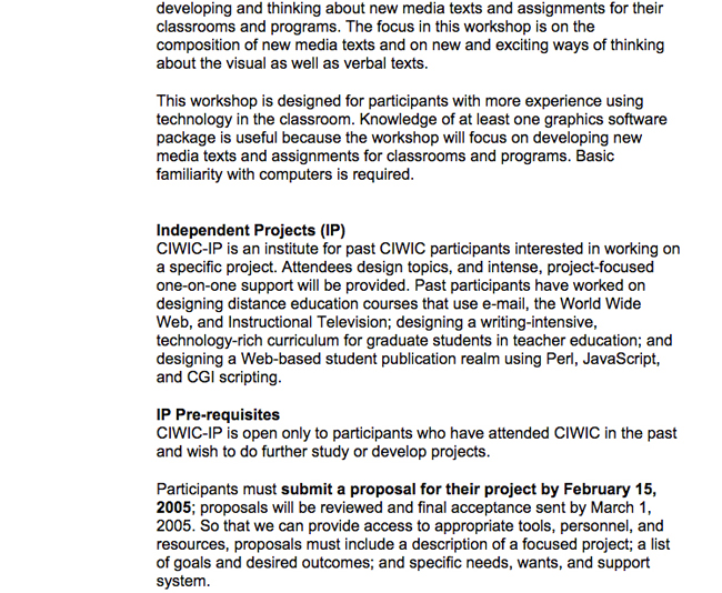 page 3 of the 2005 CIWIC site, which describes the workshops