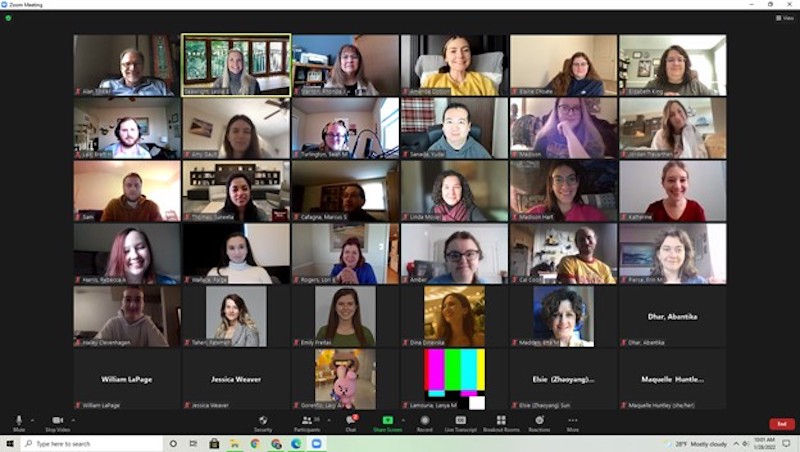 screenshot of a Zoom meeting with several GAs and eight faculty members present