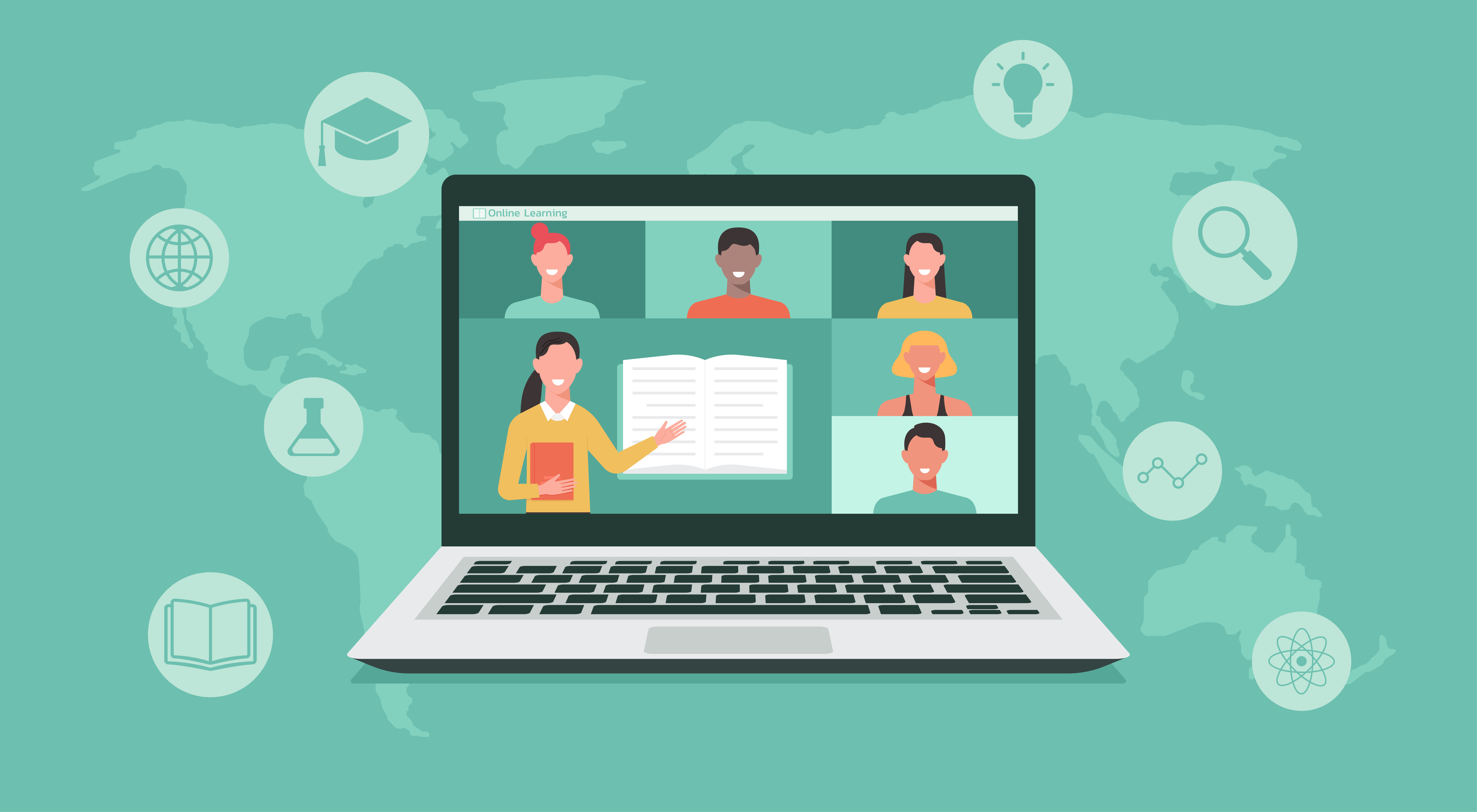 illustration showing student and instructor faces in video conferences on a laptop screen with a world map background; includes icons of graduation hat, lightbulb, magnifying glass, book, and globe, and science symbols