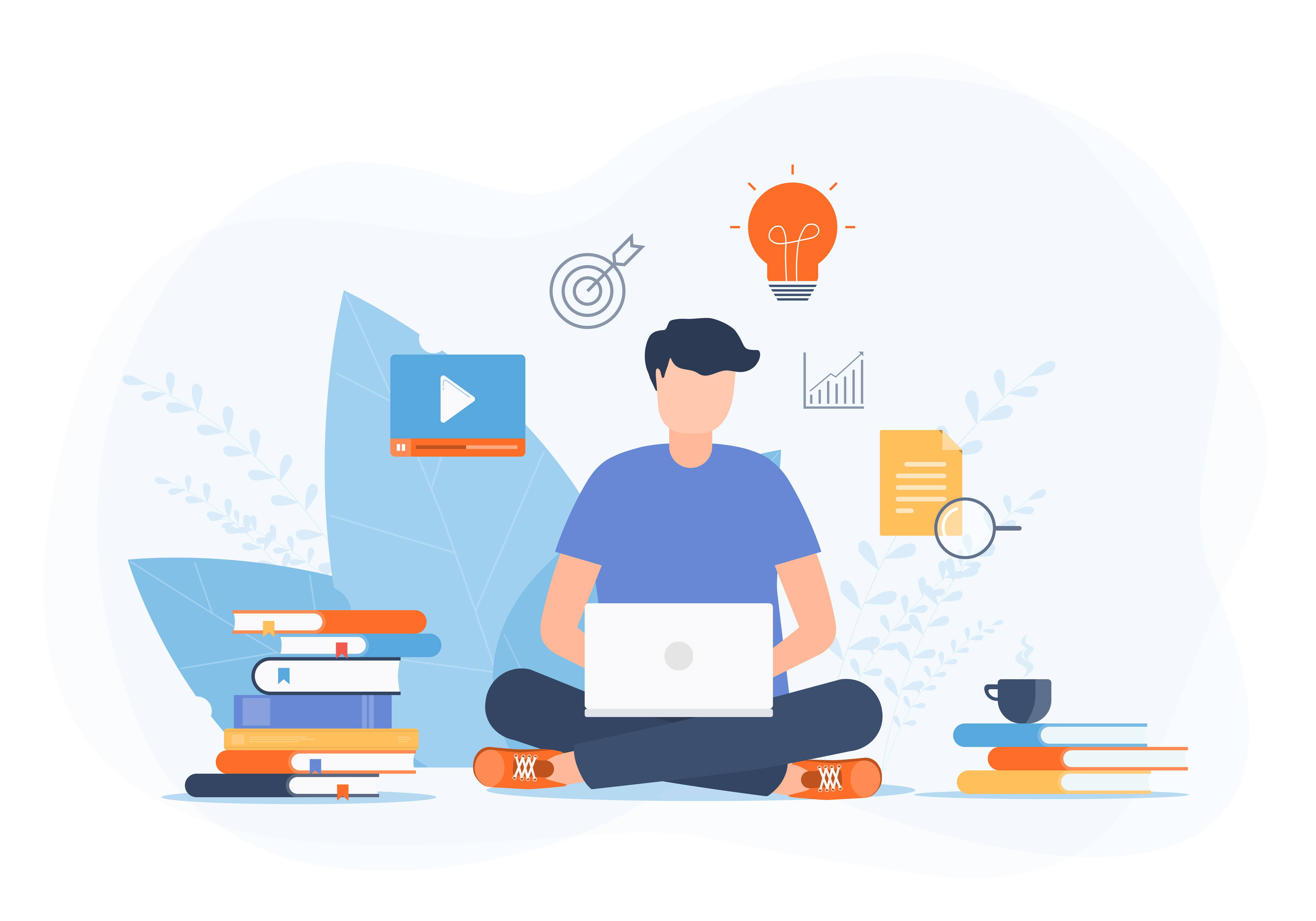 illustration showing a student sitting cross legged on the floor with laptop surrounded by stacks of books, a cup of coffee, and icons for documents, videos, ideas, and graphs