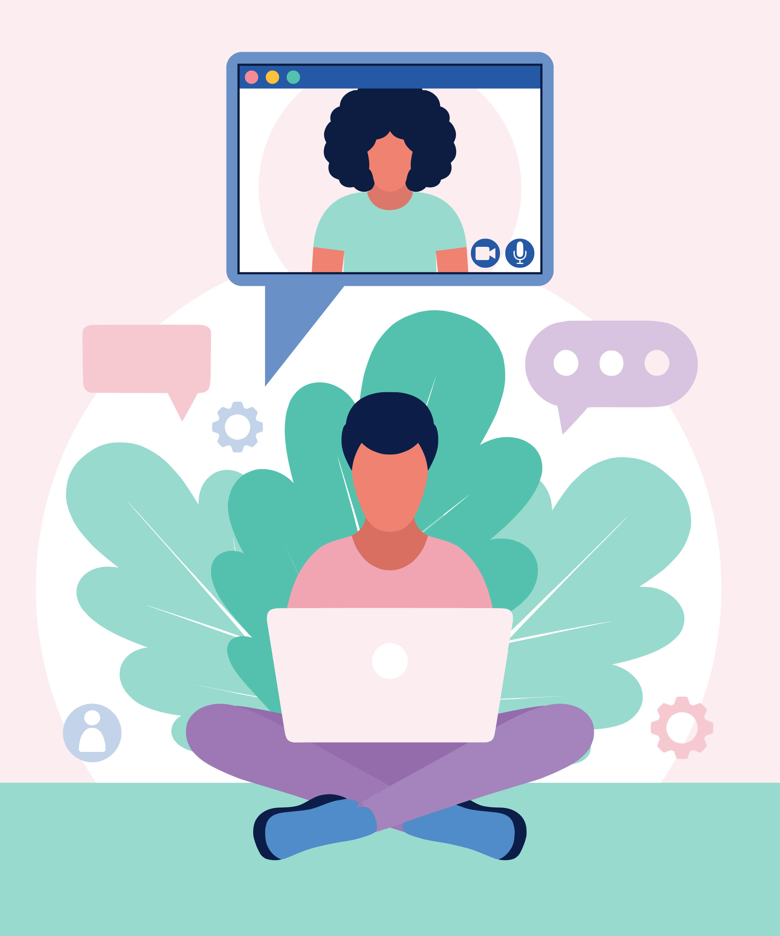 illustration of a person seated on the floor in front of laptop videochatting with a woman pictured on a computer screen above her