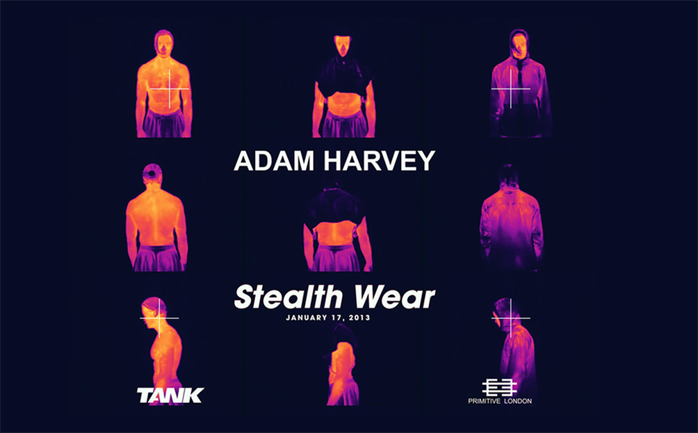 adam harvey's stealth wear, january 17, 2013. Images of people wearing stealth wear and images of people without stealth wear, all being shown through thermal imaging, showing how the stealth wear works and blocks body heat from being picked up by thermal imaging.