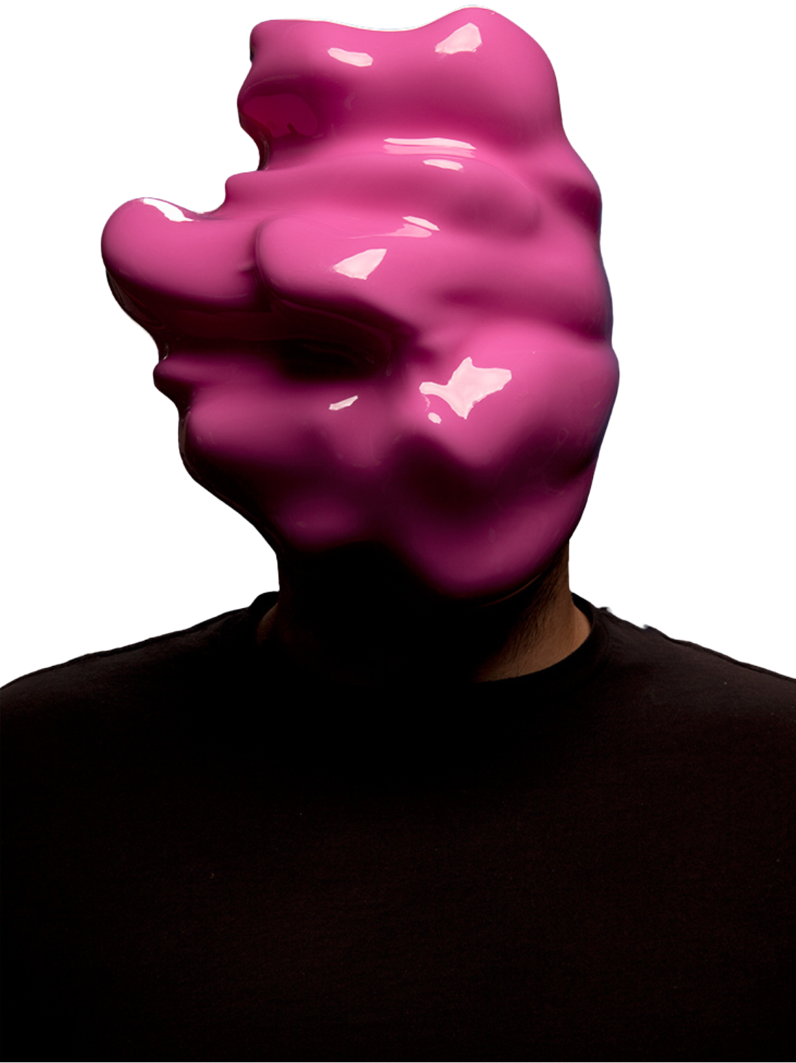image of a man with his head replaced by a pink blob, Zach Blas's "Fag Face Mask" - an art piece from 2012