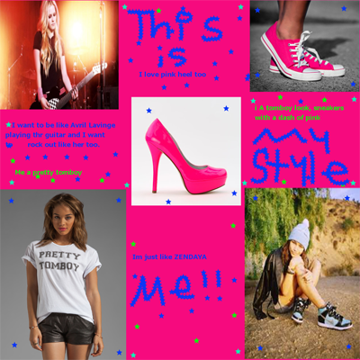 Another camper's styleboard, with a pink bakground, a picture of Avril Lavigne, a piture of Zendaya, and several pictures of shoes