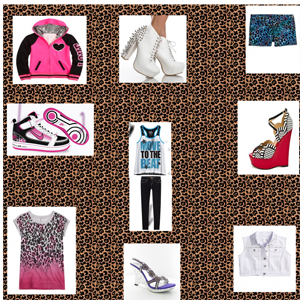 A camper's styleboard, with a leopard print background and lots of pink clothing