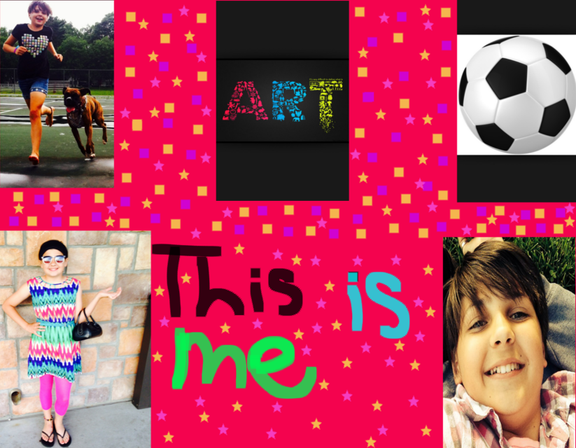 Another camper's styleboard, with a polka dot background, a soccer ball, and several pictures of the girl herself