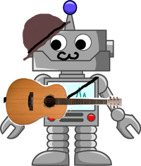 A robot with a guitar, bowler, and moustache