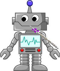 A robot with a purple-bedazzled flute