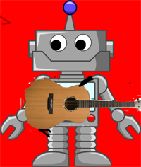 A robot with a guitar on a red background
