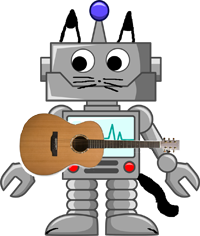 A robot with a guitar, cat ears, whiskers, and a tail