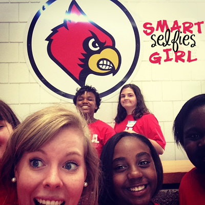 Megan and five campers, labeled, 'Smart Girl Selfies'