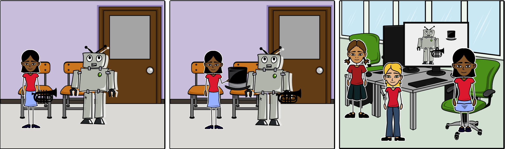 A three-panel storyboard-style comic. A girl is handing a robot a trumpet. A girl is handing a robot a top hat. The scene pans back to reveal that the girl is actually working on a computer in a lab