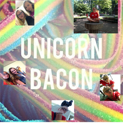 Another girl's 'I Am' project, with pictures of the girl and her friends layered over rainbow-colored sour belts and the text 'Unicorn Bacon'