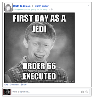 Facebook post by Darth Sidduious has a meme that reads 'First Day as a jedi order 66 executed.' The post also reads TBT or throwback thursday.