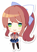 Hello, I'm a chibi version of Monika from Doki Doki Litearture Club! I'm currently a GIF of me standing with my hands on my hips and smiling and then waving with my eyes closed. On the DDLC fandom wikipedia, you can read about a bunch of easter eggs in the game. Some of these easter eggs you can only find if you play with the back-end of the game, like searching through its file structure or deleting files. But you wouldn't delete my file, right?