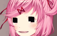 A gif of just Natsuki's face. Blank ink is scribbled across each of her eyes and she has a realistic mouth that is moving as if she is talking.