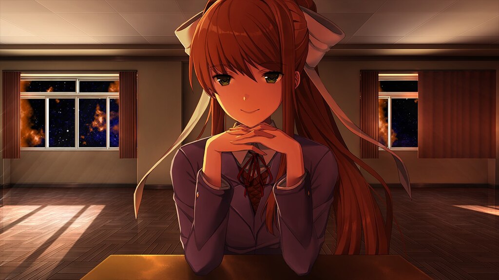 A screenshot from DDLC in the 'Just Monika' room. Monika is sitting at a table facing the player directly. She has a small smile on her lips. Her hair is long and brown and she wears her brown school uniform jacket. Behind her depicts an empty room with two windows that show galaxies outside.