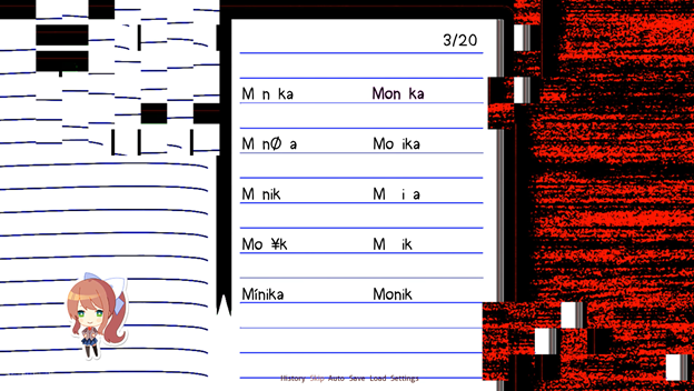 A screenshot from DDLC of Monika's glitched version of the poetry game. The desk is replaced by red and black static. There is only Monika's chibi and the words all read some variation of 'Monika'.
