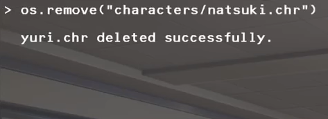 A screenshot of the box shown as Monika begins to delete the other characters' files. It reads 'os.remove('characters/natsuki.chr')' and 'yuri.chr deleted successfull.'