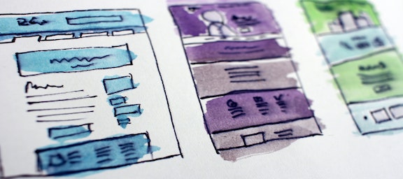 Blue, green, and purple-coloured sketches of webpages
