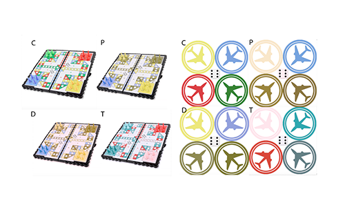 the board and pieces of Airplane Chess viewed through the Coblis colorblindness simulator. The different airplane tiles are unique colors of blue, green, yellow, and red.