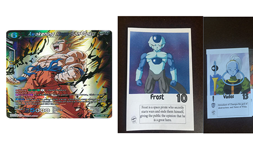 a card from the Dragonball Z card game showing Son Goku covered in text with a redesigned version of the card on the right with a simplified visual design