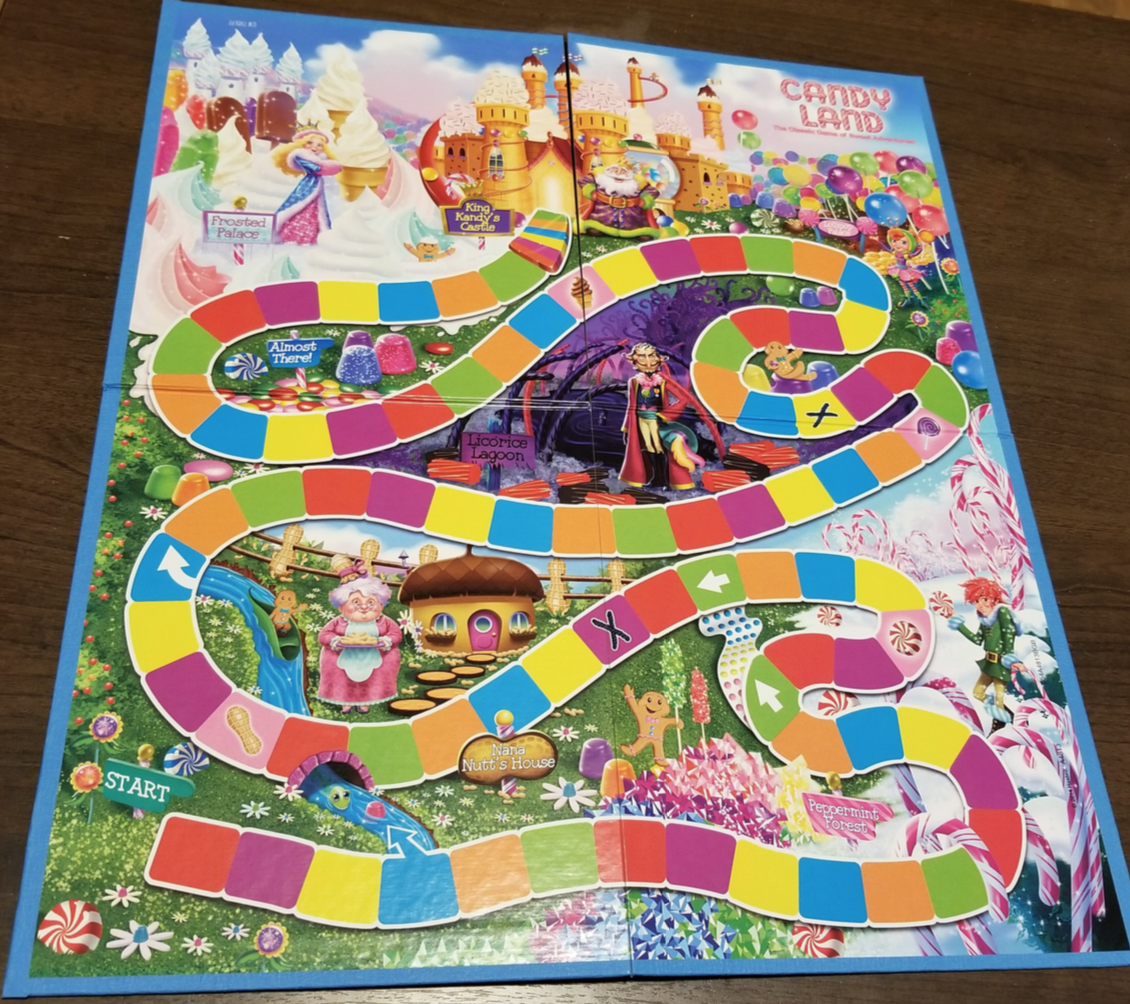 candyland board. Many colorful square paths exist on the board across a candy-filled kingdom