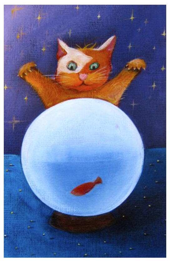 An orange cat looms over a ball of water with a fish floating in it