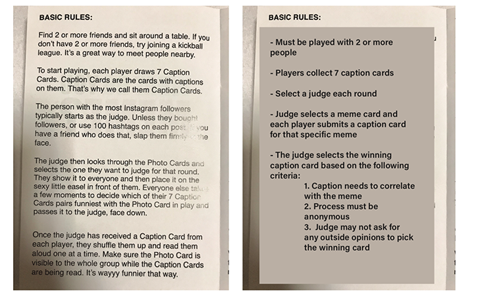 rules text for the game and a rewritten version that is much shorter and more to-the-point